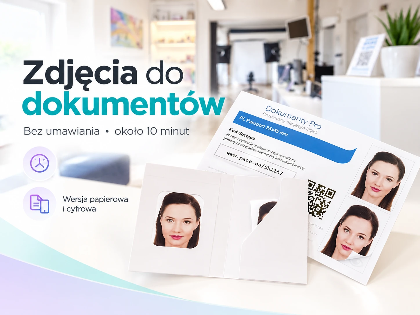Papierowe zdjęcia do dokumentów i karta dostępu do fotografii cyfrowej na tle zakładu fotograficznego.
