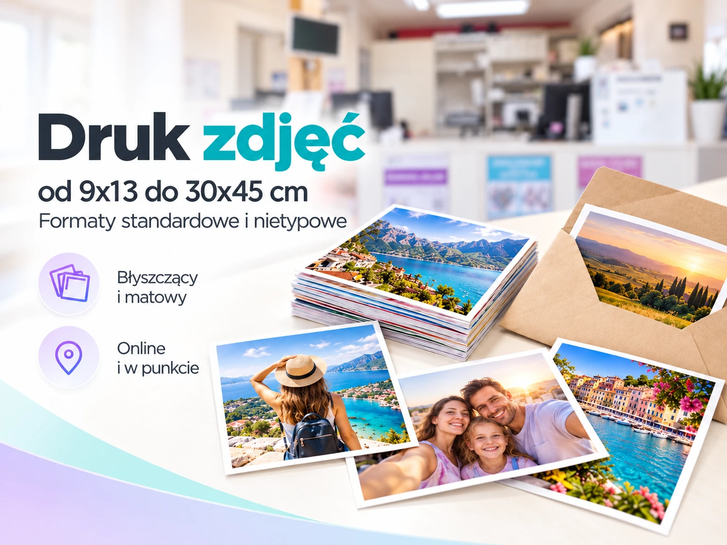 Stos odbitek fotograficznych oraz zdjęcia rodzinne i krajobrazowe rozłożone na blacie obok koperty.