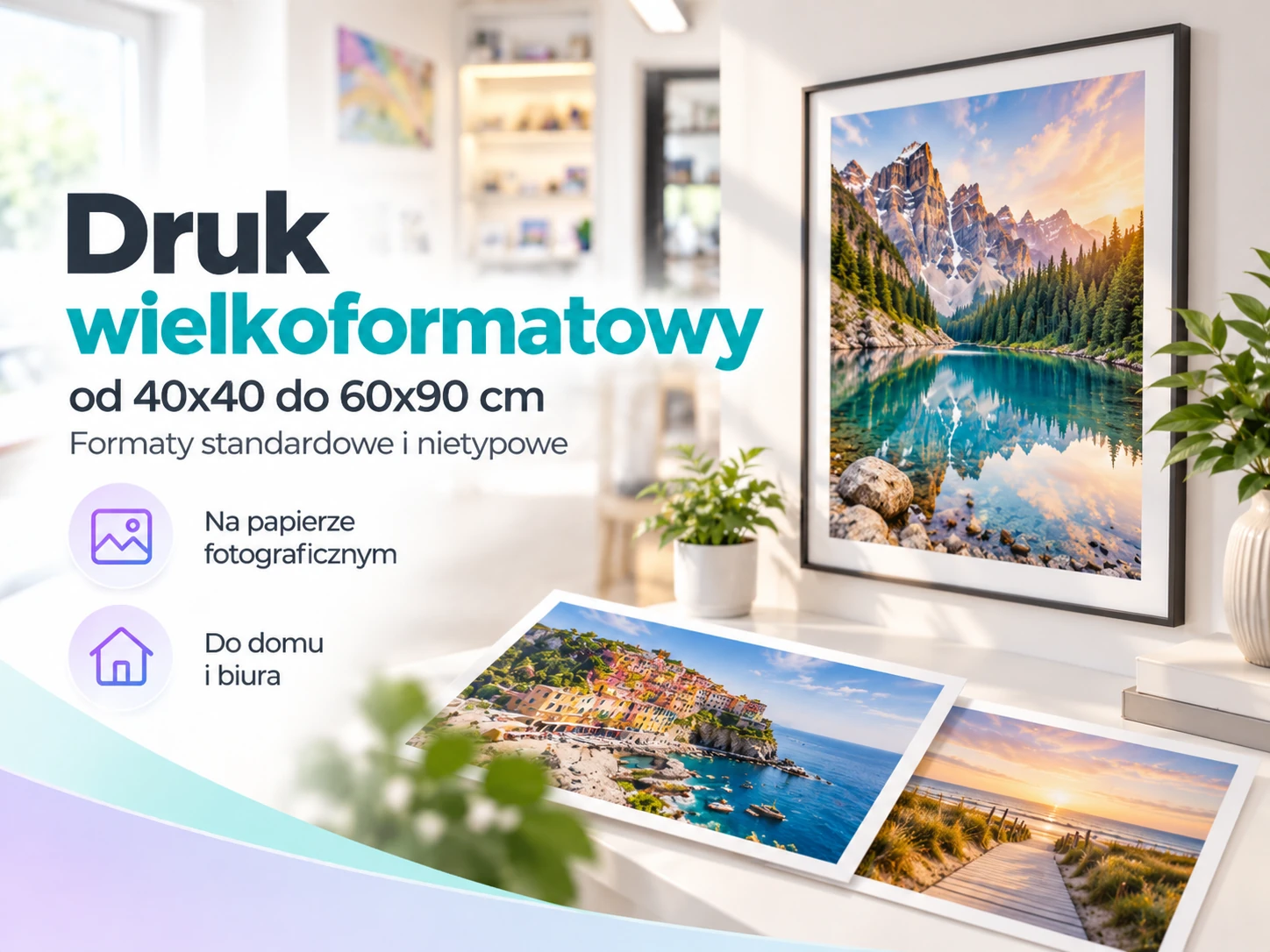 Duży wydruk krajobrazu w ramie na ścianie oraz fotografie wydrukowane w większych rozmiarach na stole.