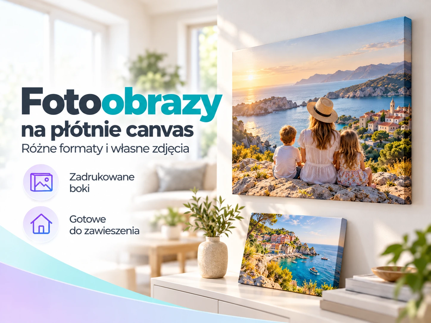 Fotoobrazy na płótnie canvas z wakacyjnymi fotografiami, zawieszone i ustawione w jasnym wnętrzu.