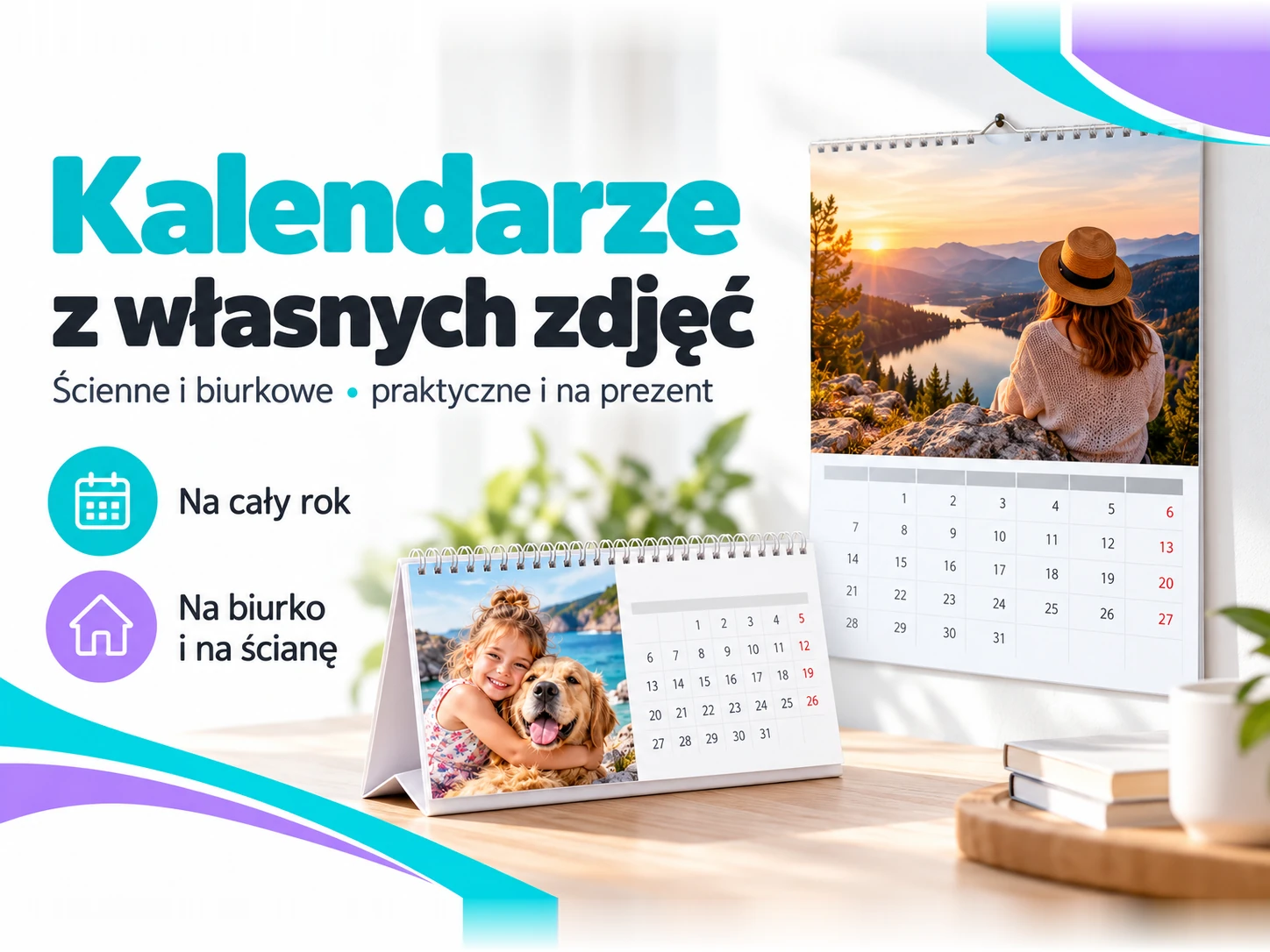 Kalendarz ścienny i kalendarz biurkowy ze zdjęciami rodzinnymi oraz krajobrazowymi.