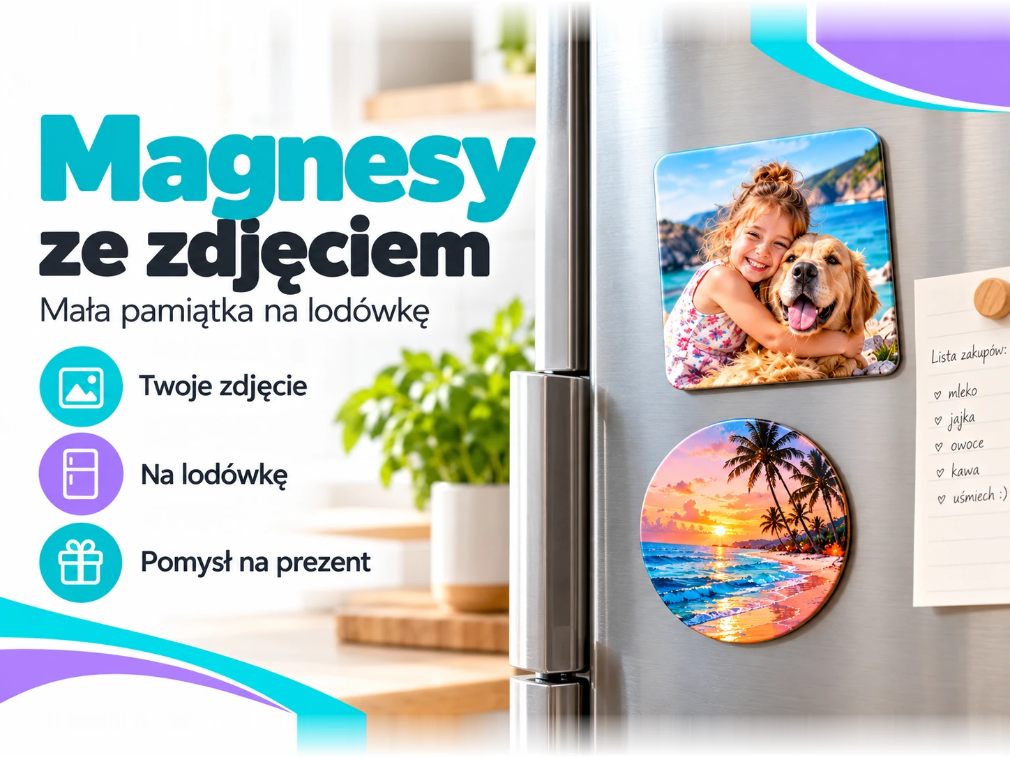 Kwadratowy magnes z rodzinną fotografią i okrągły magnes z widokiem plaży na lodówce.
