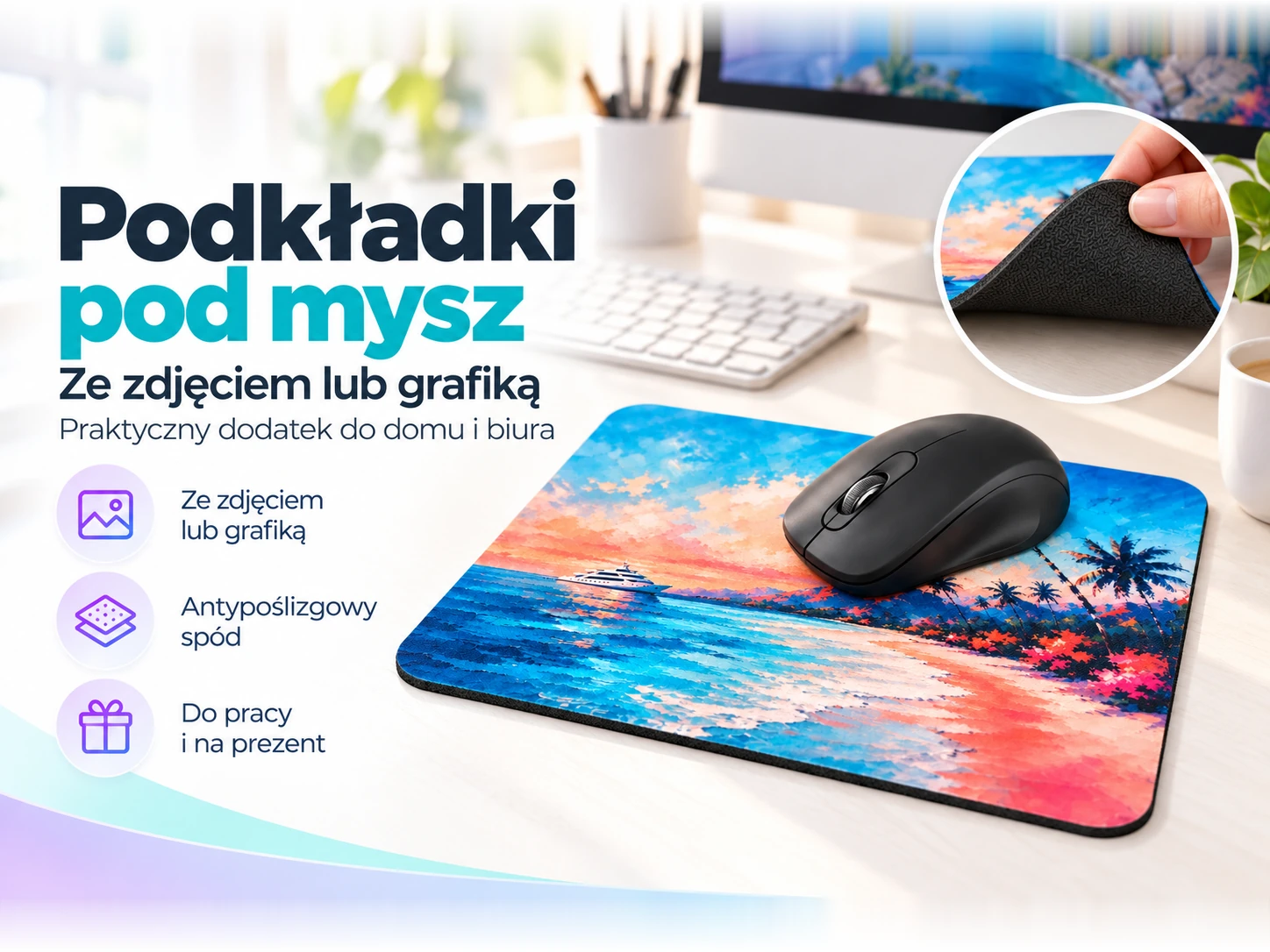 Podkładka pod mysz z kolorowym nadrukiem wakacyjnego krajobrazu na biurku, obok myszka i widok gumowanego spodu