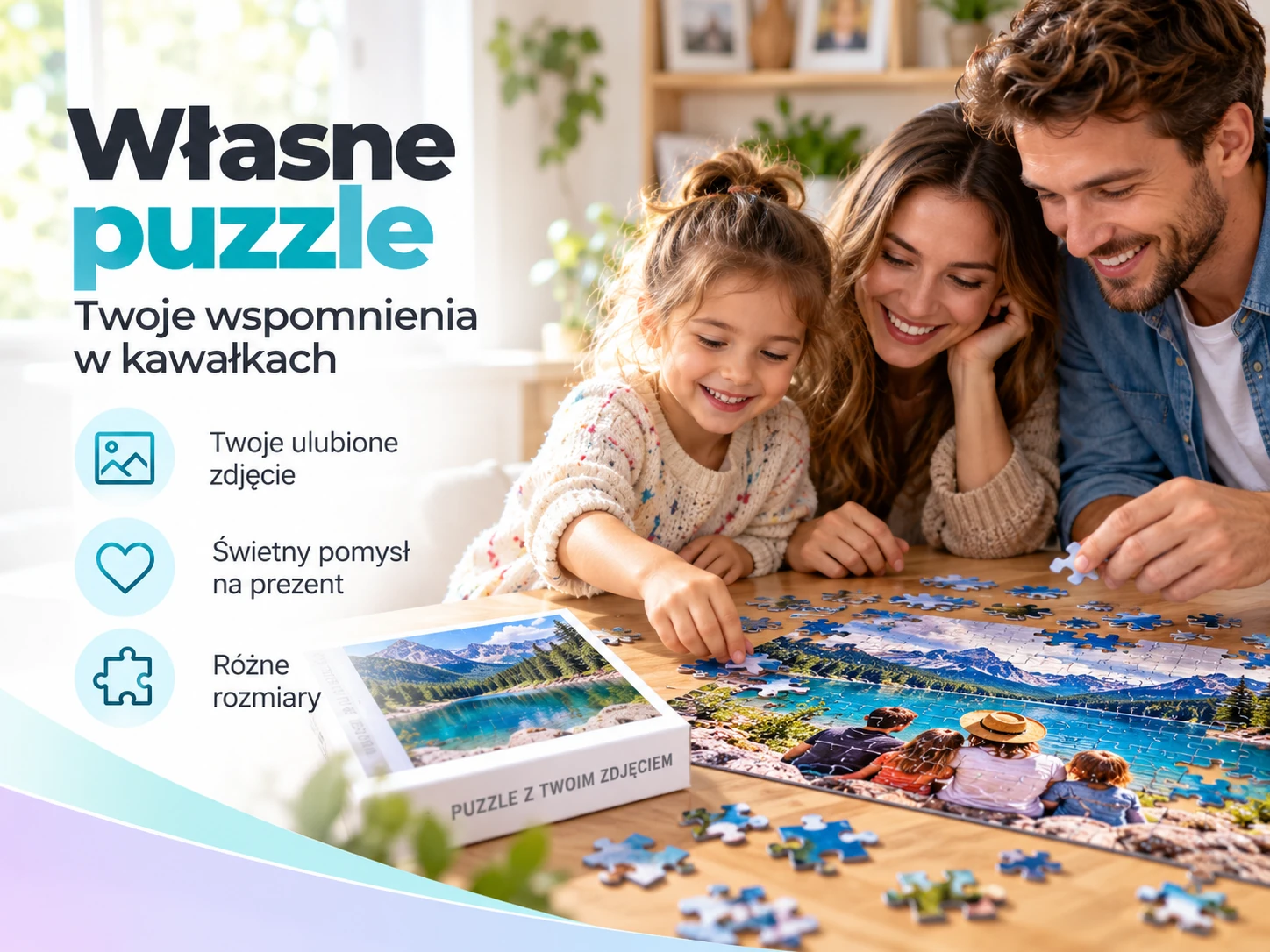 Rodzina z dzieckiem wspólnie układa puzzle fotograficzne na drewnianym stole.