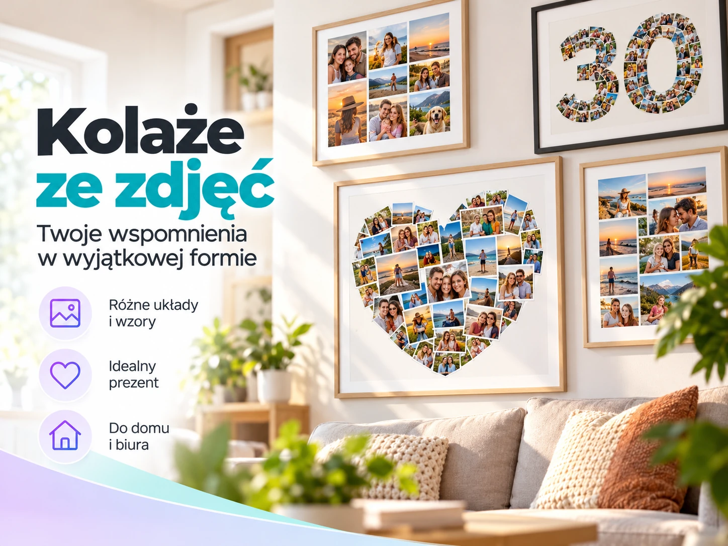 Kolaże z rodzinnych fotografii w ramach na ścianie, w tym serce, liczba 30 i klasyczne układy zdjęć.
